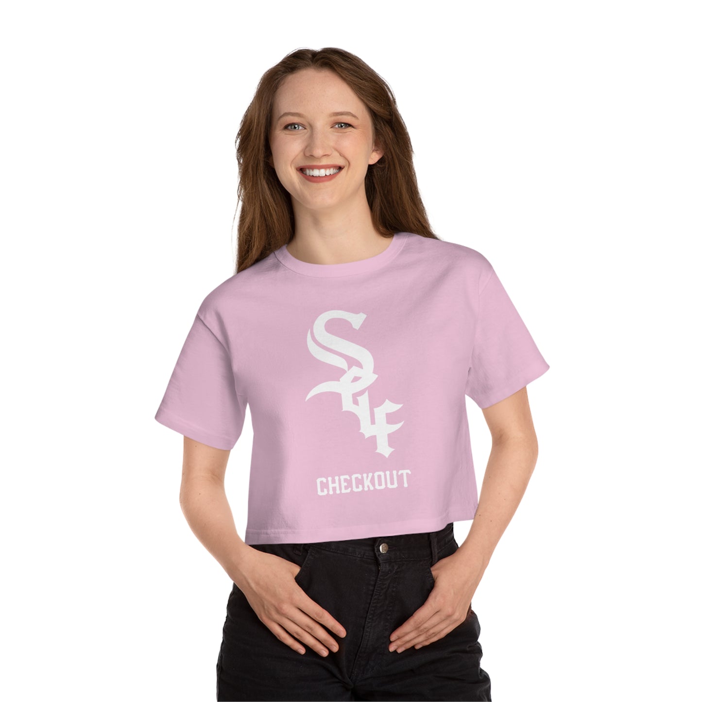 Self Checkout Cropped T-Shirt — Pink Retro Heart Graphic ("Every Night I Close My Eyes...")