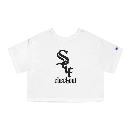 Self Checkout Cropped T-Shirt — Pink Retro Heart Graphic ("Every Night I Close My Eyes...")