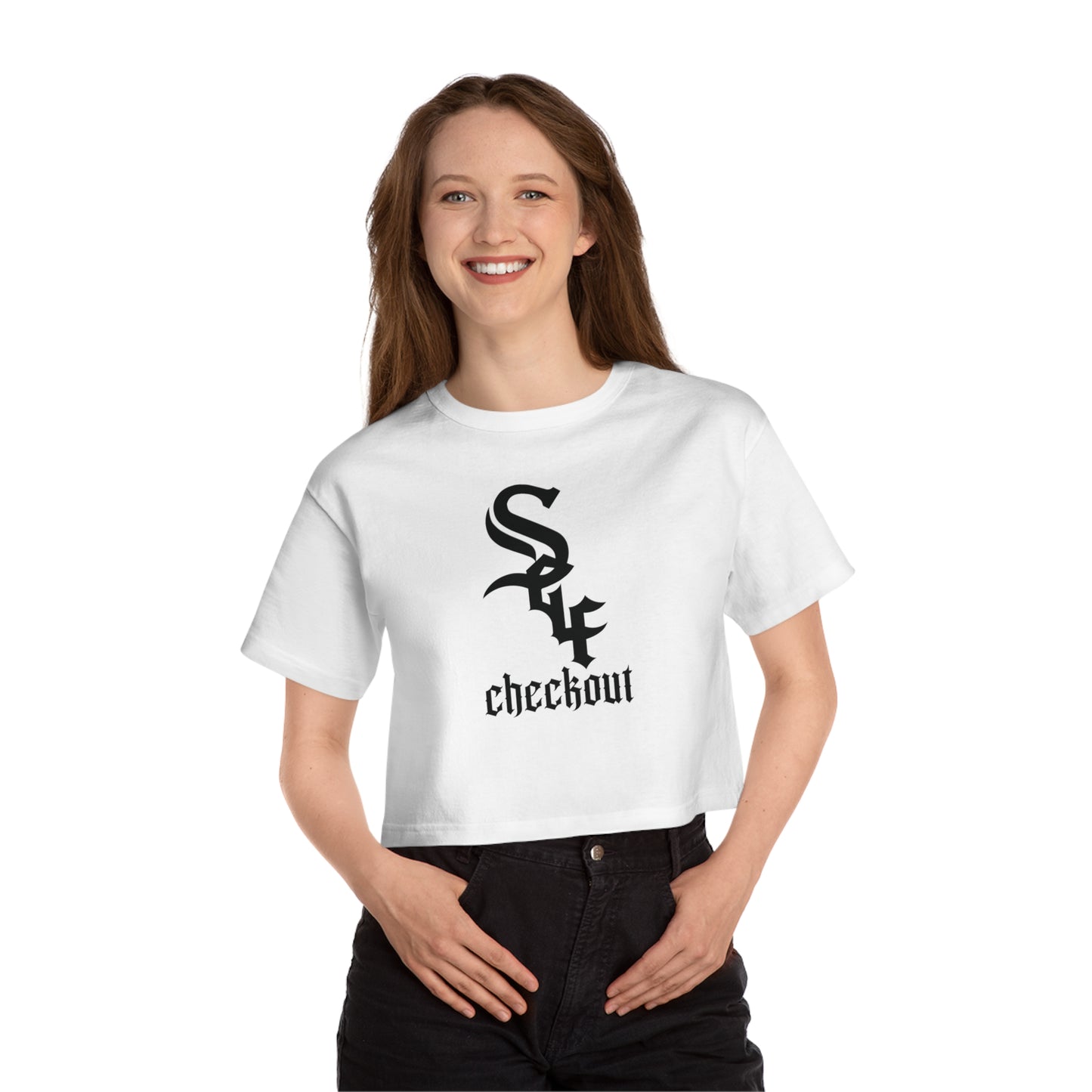 Self Checkout Cropped T-Shirt — Pink Retro Heart Graphic ("Every Night I Close My Eyes...")