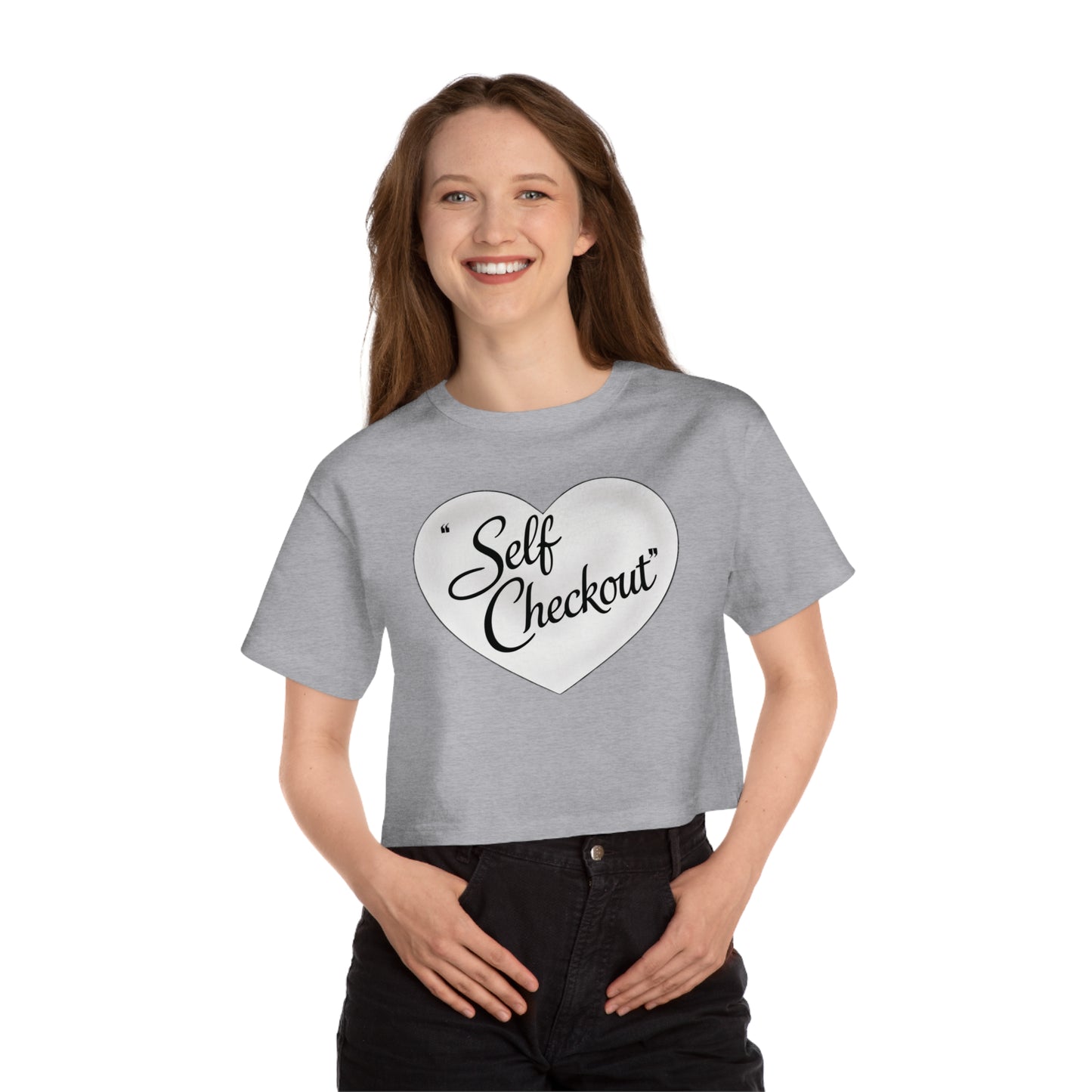 Self Checkout Cropped T-Shirt — Pink Retro Heart Graphic ("Every Night I Close My Eyes...")